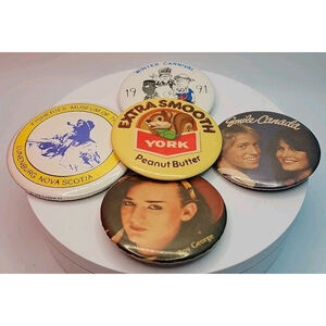 Lot Of 5 Pins | Boy George, York Peanut Butter, Smile Canada, Fisheries Museum